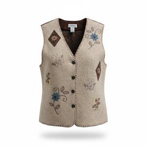 Vintage Cottagecore vest embroidered appliqued floral Brown Cream L